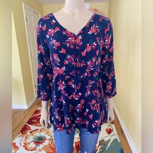 Red Camel Blue Floral Babydoll Top